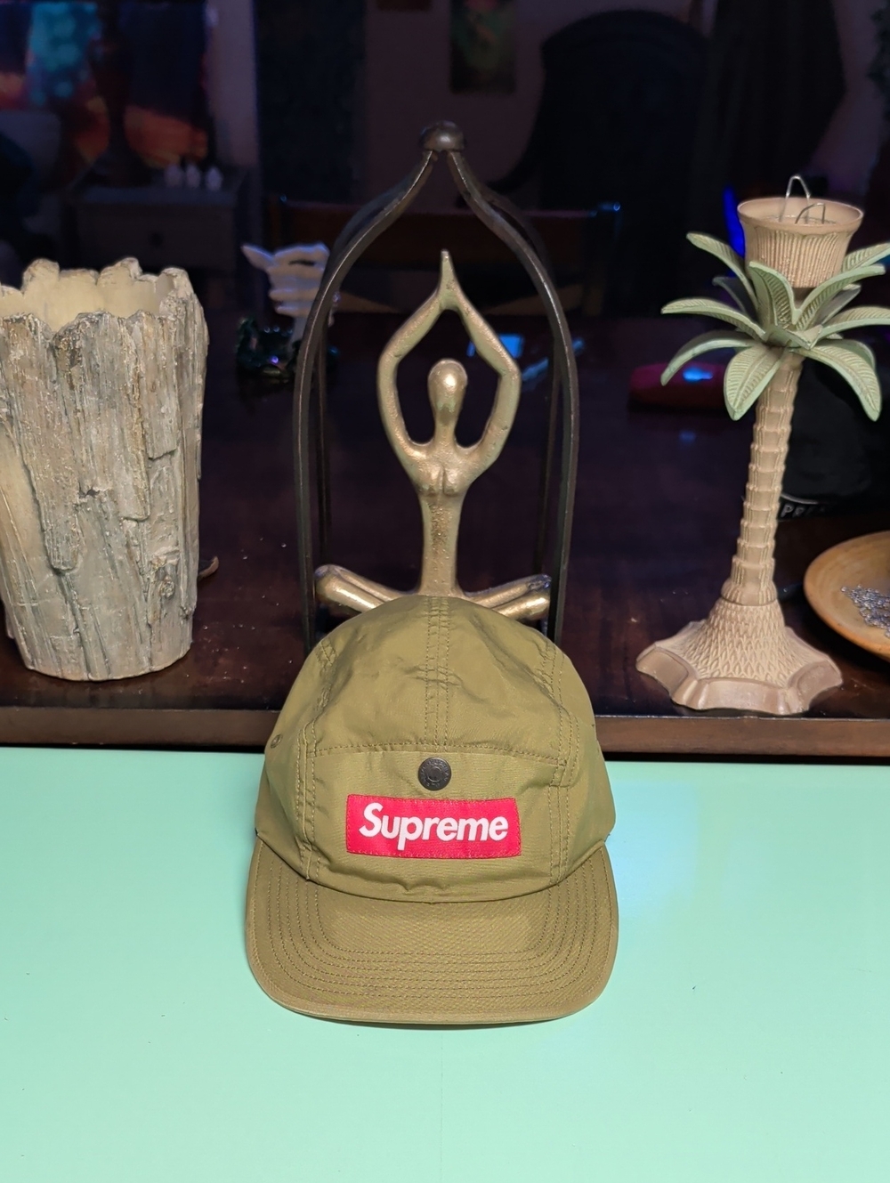 Supreme Olive Green Cap with Red Logo Patch